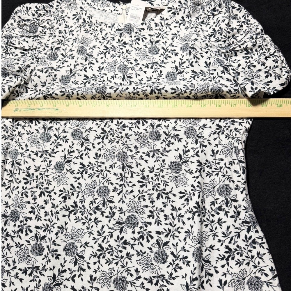 LOFT Black White Floral Print Puff Sleeve Knee Length Dress Size Medium - Picture 13 of 13
